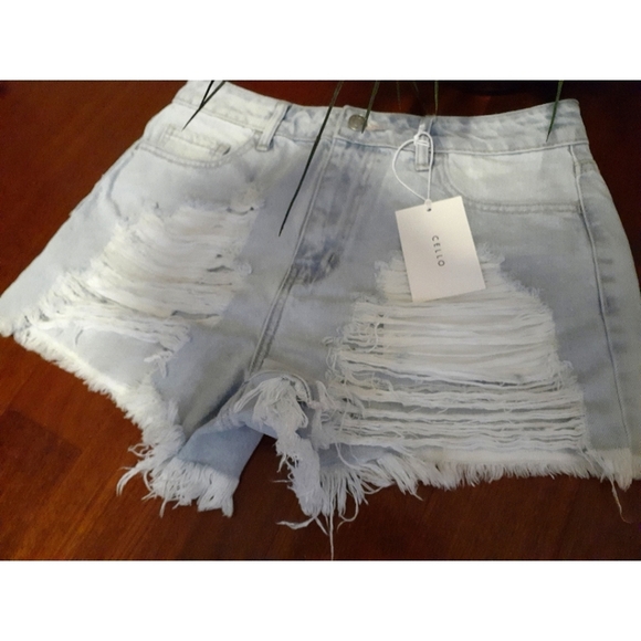 Pre-Owned Cello High Rise Fray Destroyed Denim Shorts Loose Fit Blue XS-S-M - Picture 3 of 11